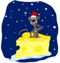 Confused funny cartoon brown rat in a red cap climbs out of a piece of cheese